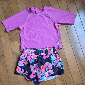 3T Toddler Girl Swim Set Rashguard & Board Shorts VGUC Pink Floral